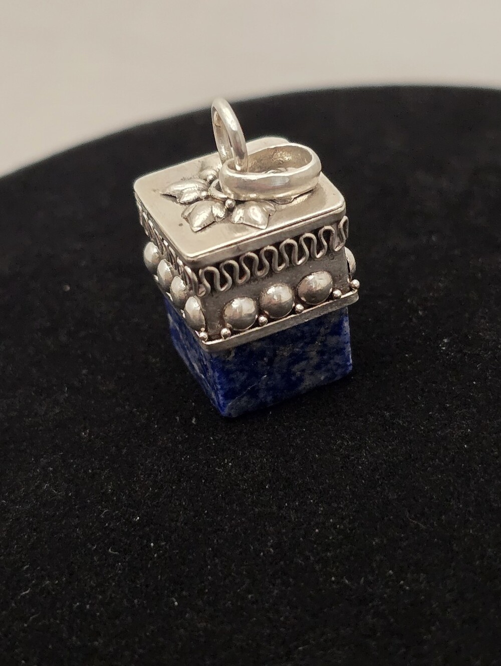 Vintage Sterling Silver and Lapis Lazuli Cube Pendant 1.28 Inch